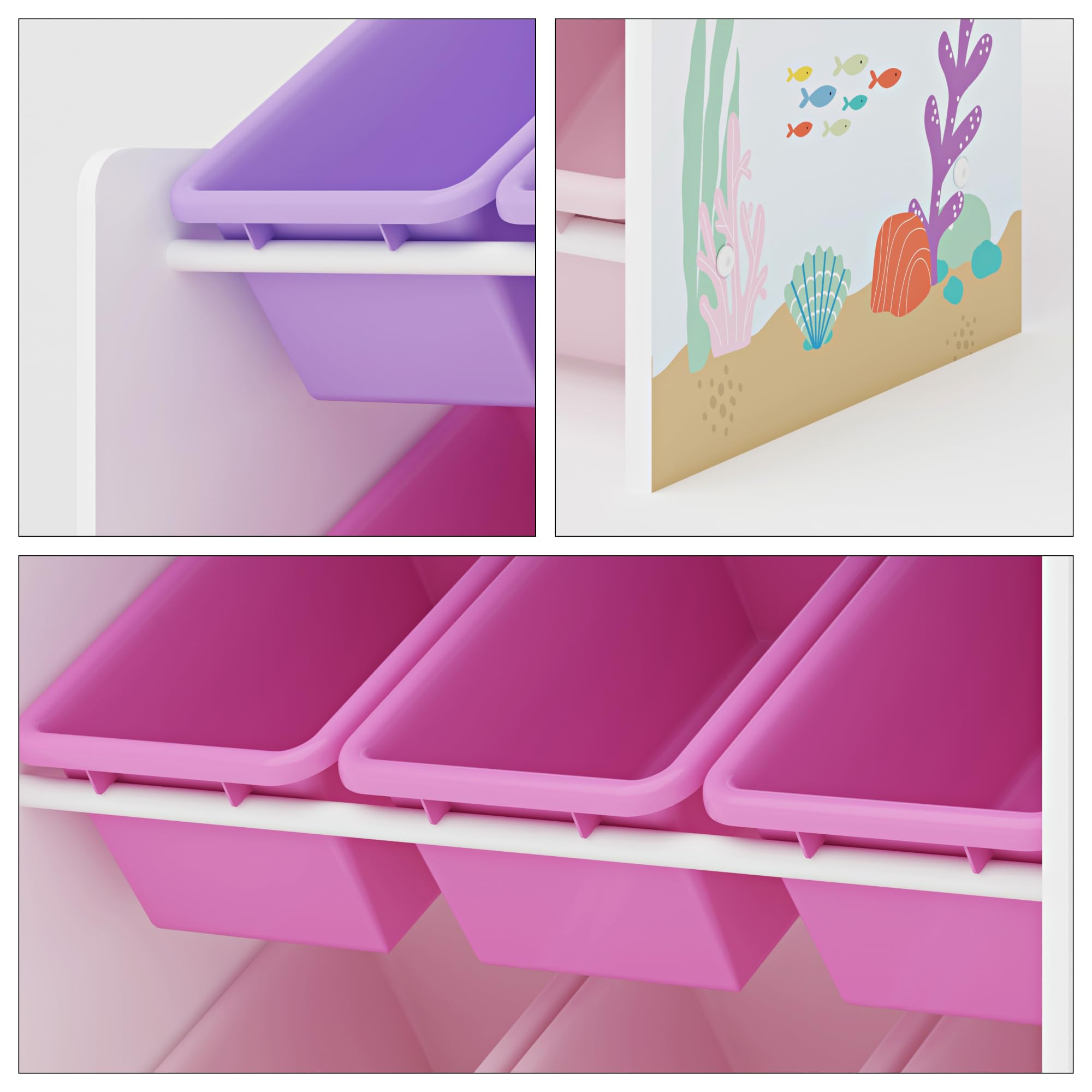 [en.casa] Étagère pour Enfant à 9 Bacs Ouverts Amovibles Meuble de Rangement Jouets à Motif Océan Panneau de Particules Plastique Métal 60 x 62 x 27 cm Blanc Rose Violet