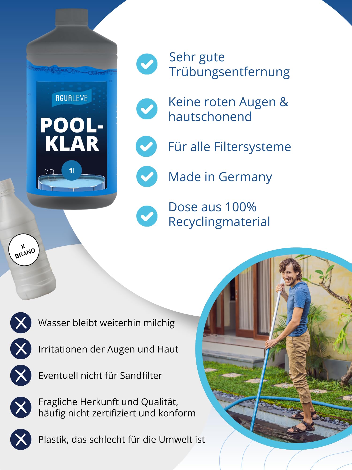 AGUALEVE® Poolklar 1l *NEU* – Kristallklar 2.0 Formel für perfektes Poolwasser – Pools, Whirlpools, Planschbecken – Markenqualität Made in Germany – für 200.000 Poolwasser – mit Note 1,2 getestet