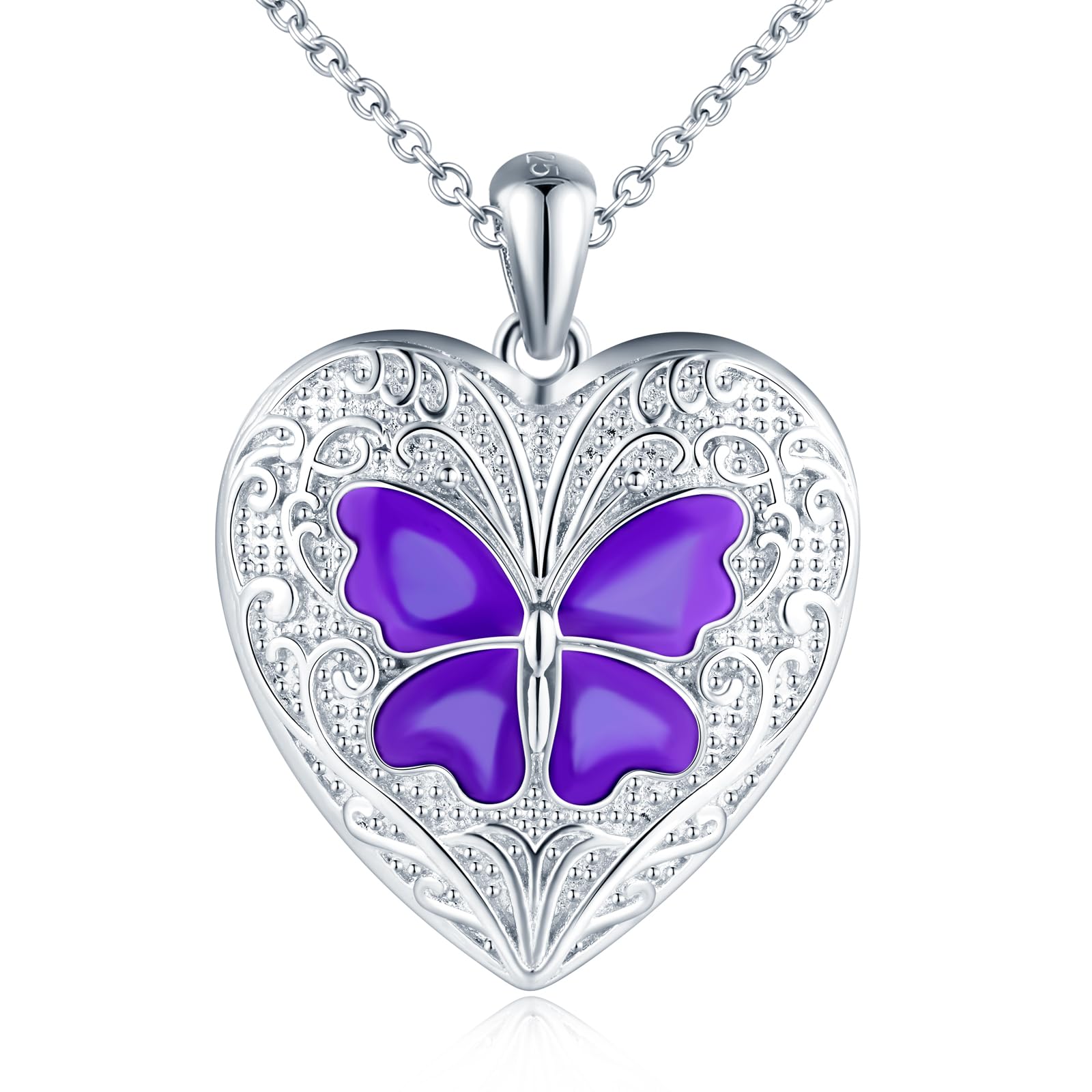 Herz Foto Kette Silber 925 mit Bild: Halskette Damen Schmetterling Medaillon zum Öffnen für Bilder-Tiere Anhänger Ketten Mode Amulett Schmuck-Personalisierte Geschenk für Frauen Mama Freundin Mädchen