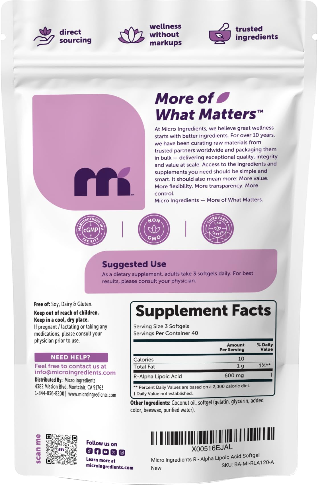 Micro Ingredients R-Alpha Lipoic Acid 600 mg Per Serving, 120 Softgels — Amazon image 7