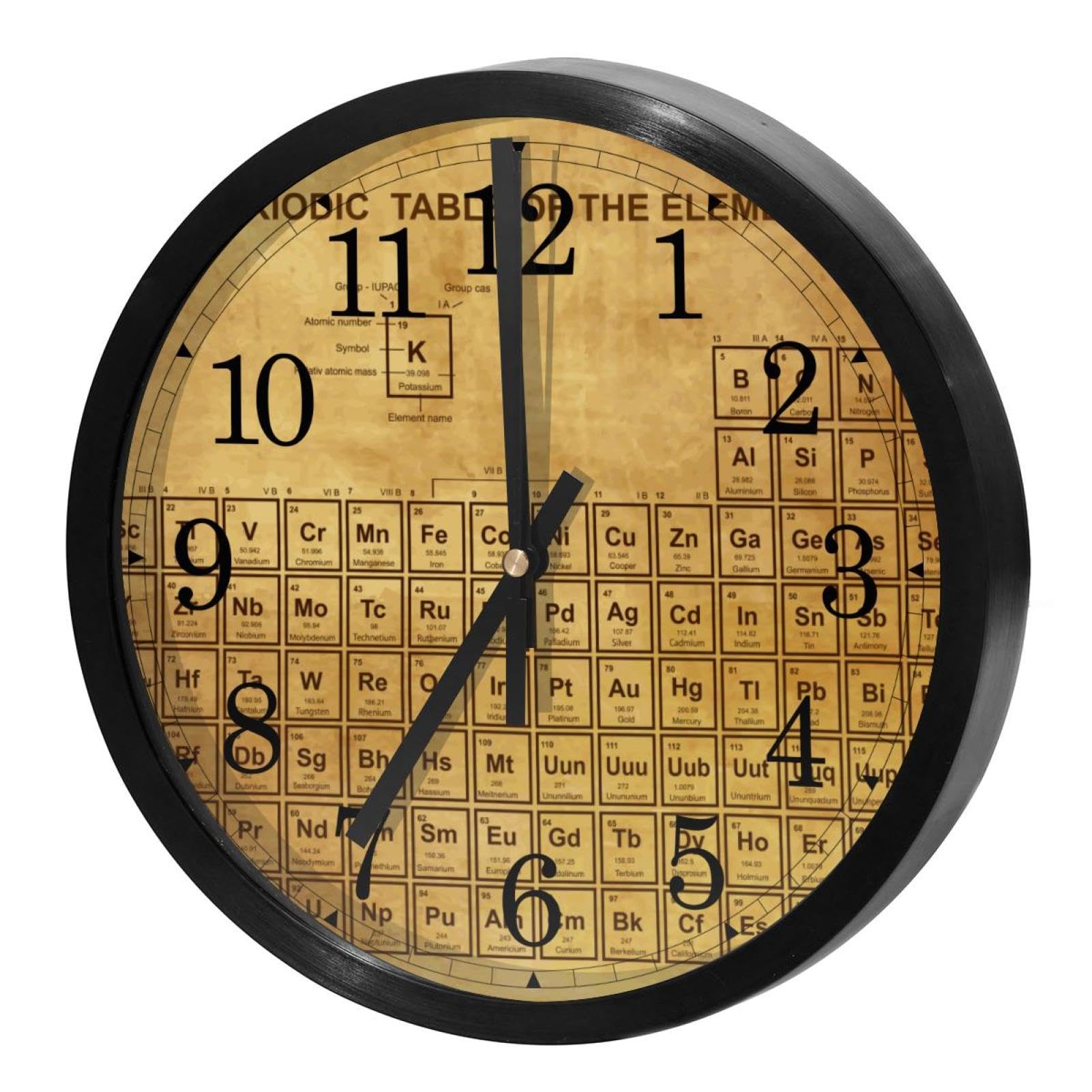 Horloge murale silencieuse à quartz ronde au style tableau périodique rétro pour salon