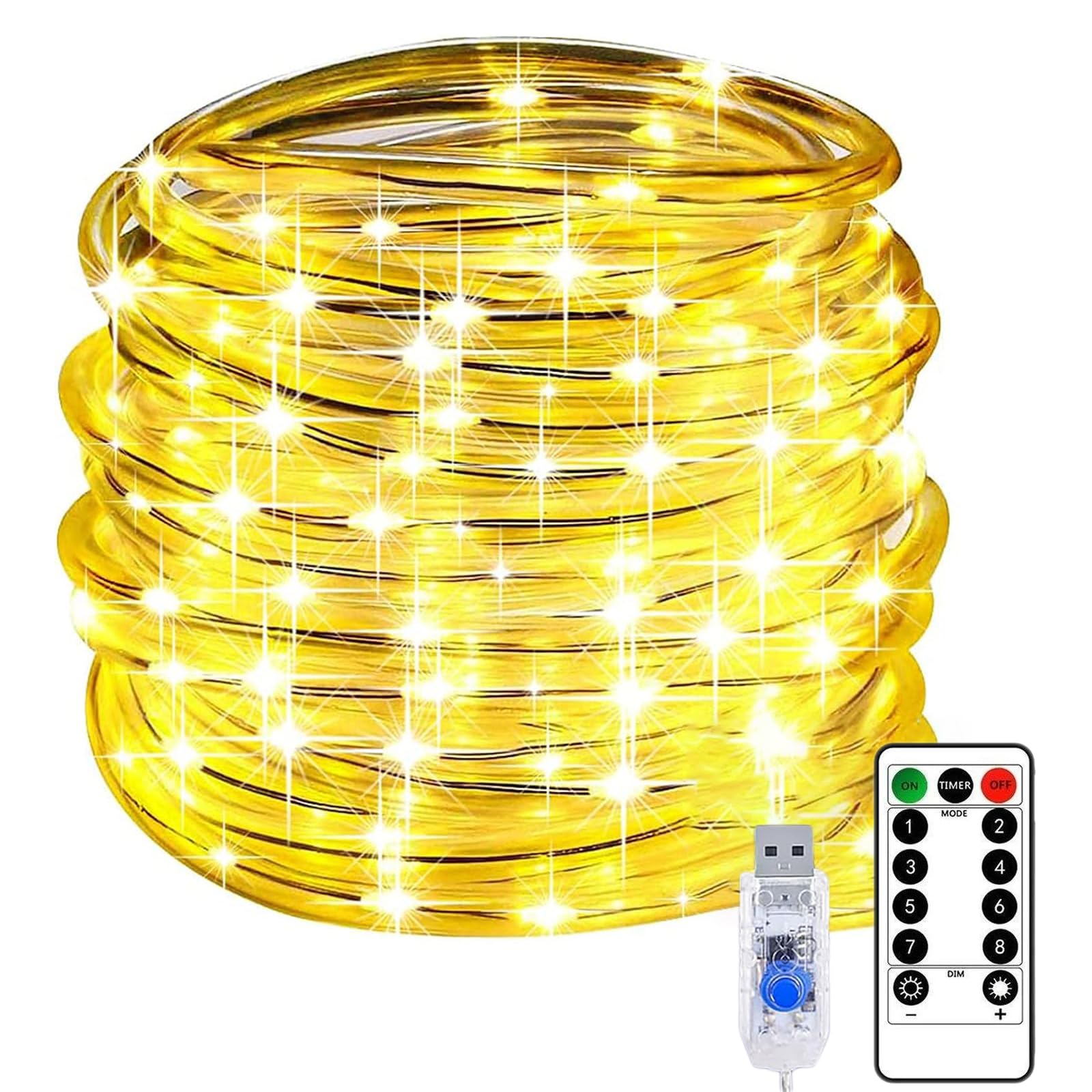 Rope Pipe String Lights,KINGCOO Waterproof 12M 120LED Copper Wire Tube Fairy Lights USB Powered with Remote Timer for Outdoor Indoor Garden Wedding Christmas Party Camping Tent Decoration (Warm White)
