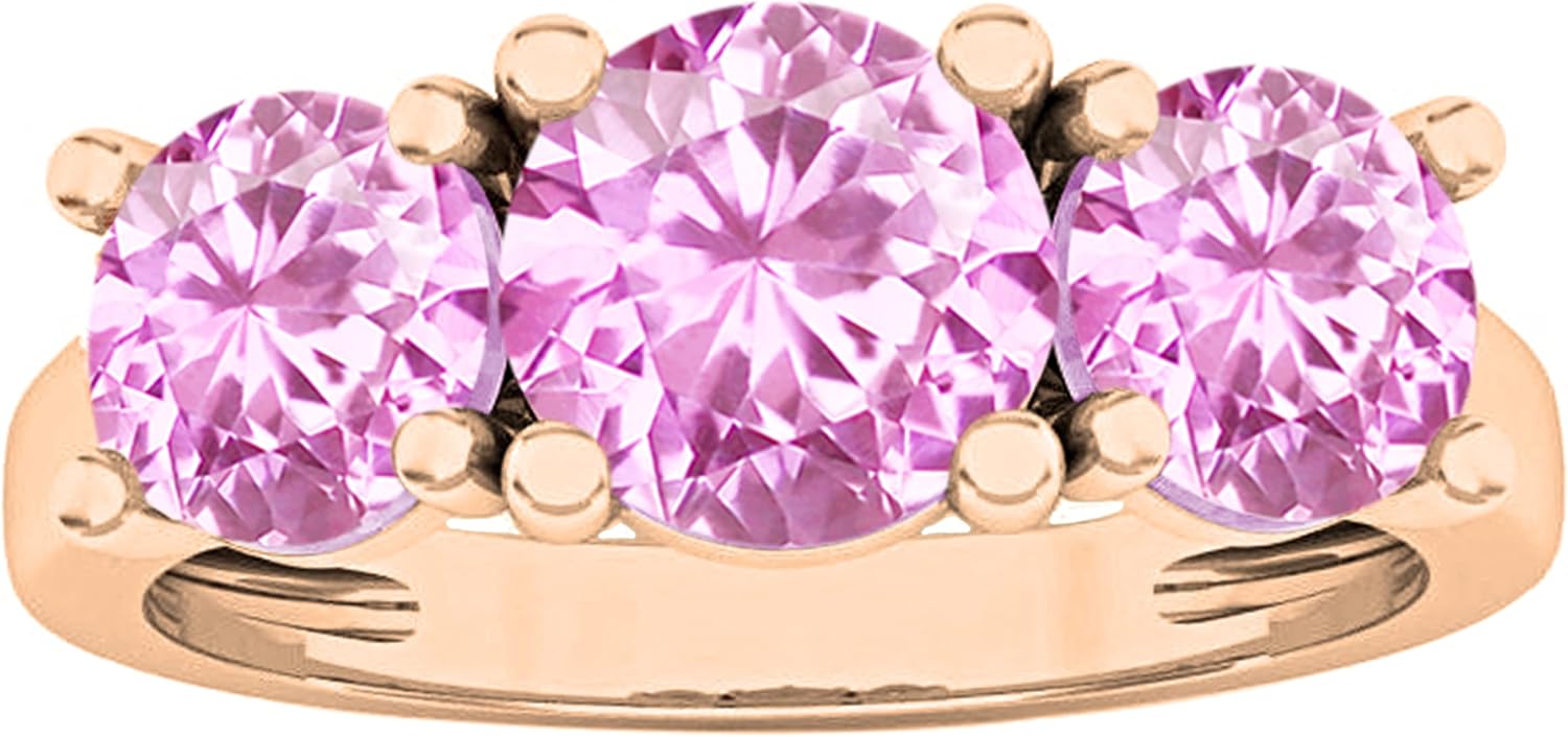 Dazzlingrock Collection 6.5mm Center Round Lab Created Pink Sapphire 3 Stone Engagement Ring for Women in 14K Real Solid Gold