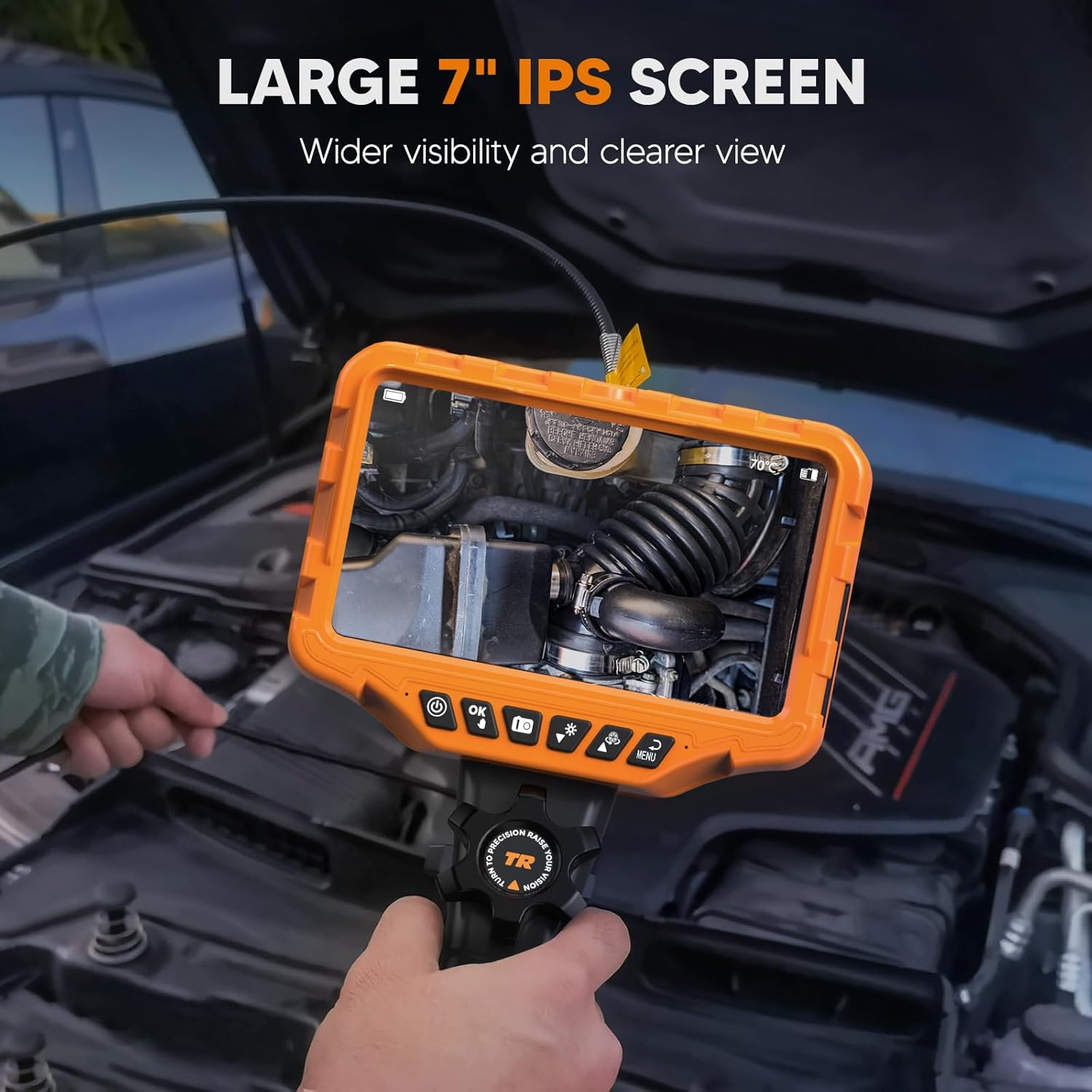 Close-up of the 7-inch IPS screen on the borescope