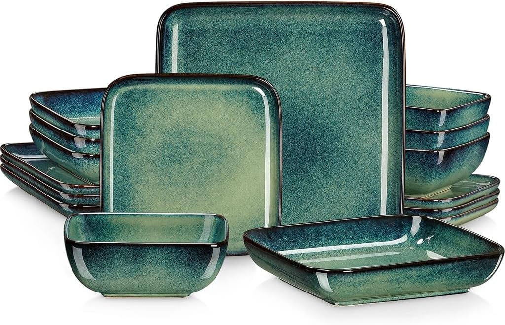Tableware Set Green Square Kiln-glaze 16 Pieces Kitchen Ceramic