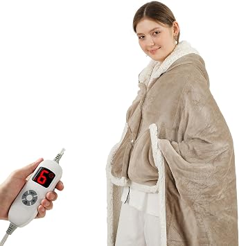 COZYTY Heated Blanket Wearable Shawl Electric Throw, Heated Wrap with Pockets, Poncho Blanket Hoodie for Adult, 6 Heat Settings & 1-4H Timer Auto Off, Gift, 50 * 64", Camel