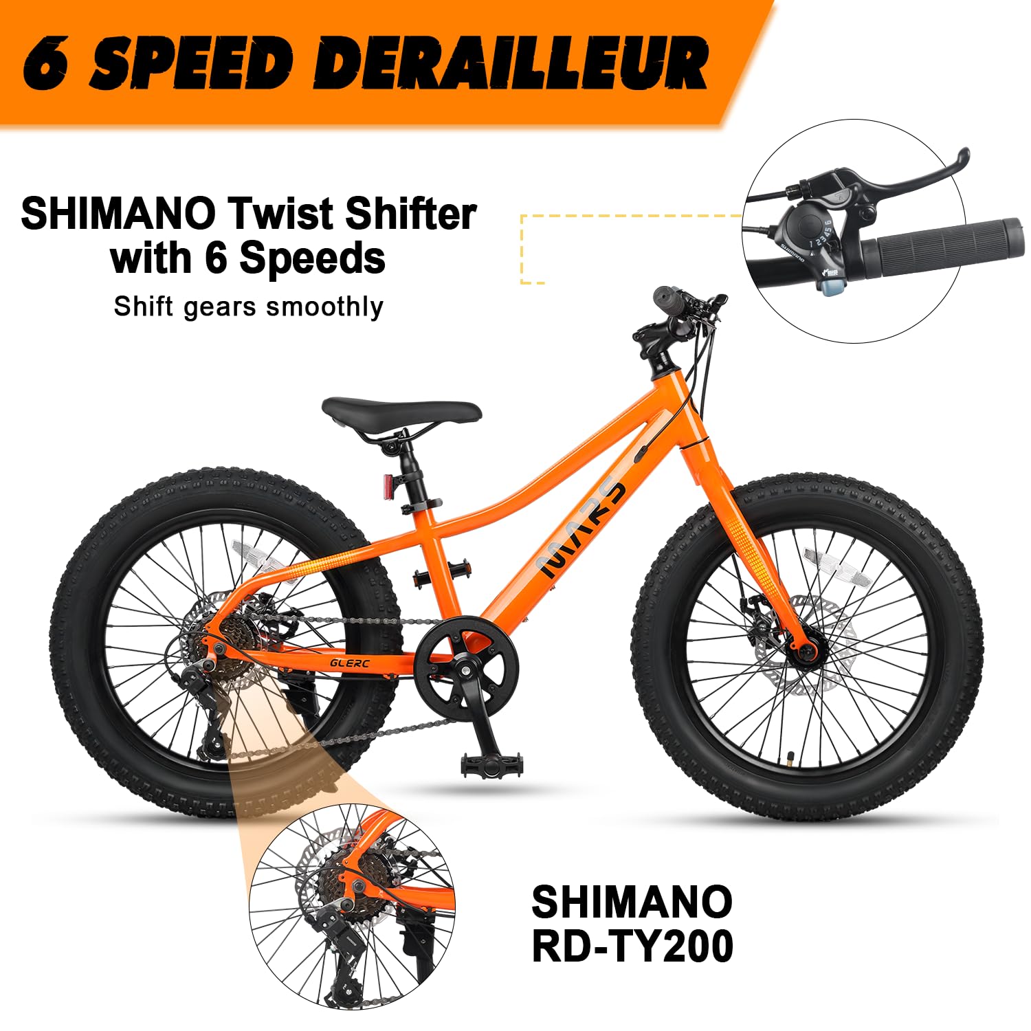 Glerc Mars 20 24 Pollici Mountain Bike per Bambini di 6-12 Anni, Cambio Shimano a 6 Marce, Freni a Disco