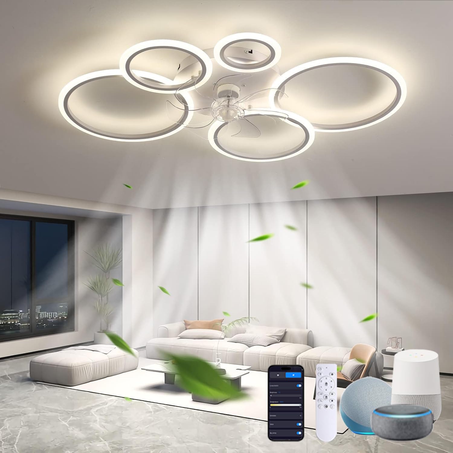 KVOYYIRA Dimmable Ceiling Fans with Lights and Remote APP Control, Silent DC Reversible Ceiling Fans with LED Lamps, 6 Speed Timer Ceiling Fan with Lighting for Bedroom Living Room Kitchen,White