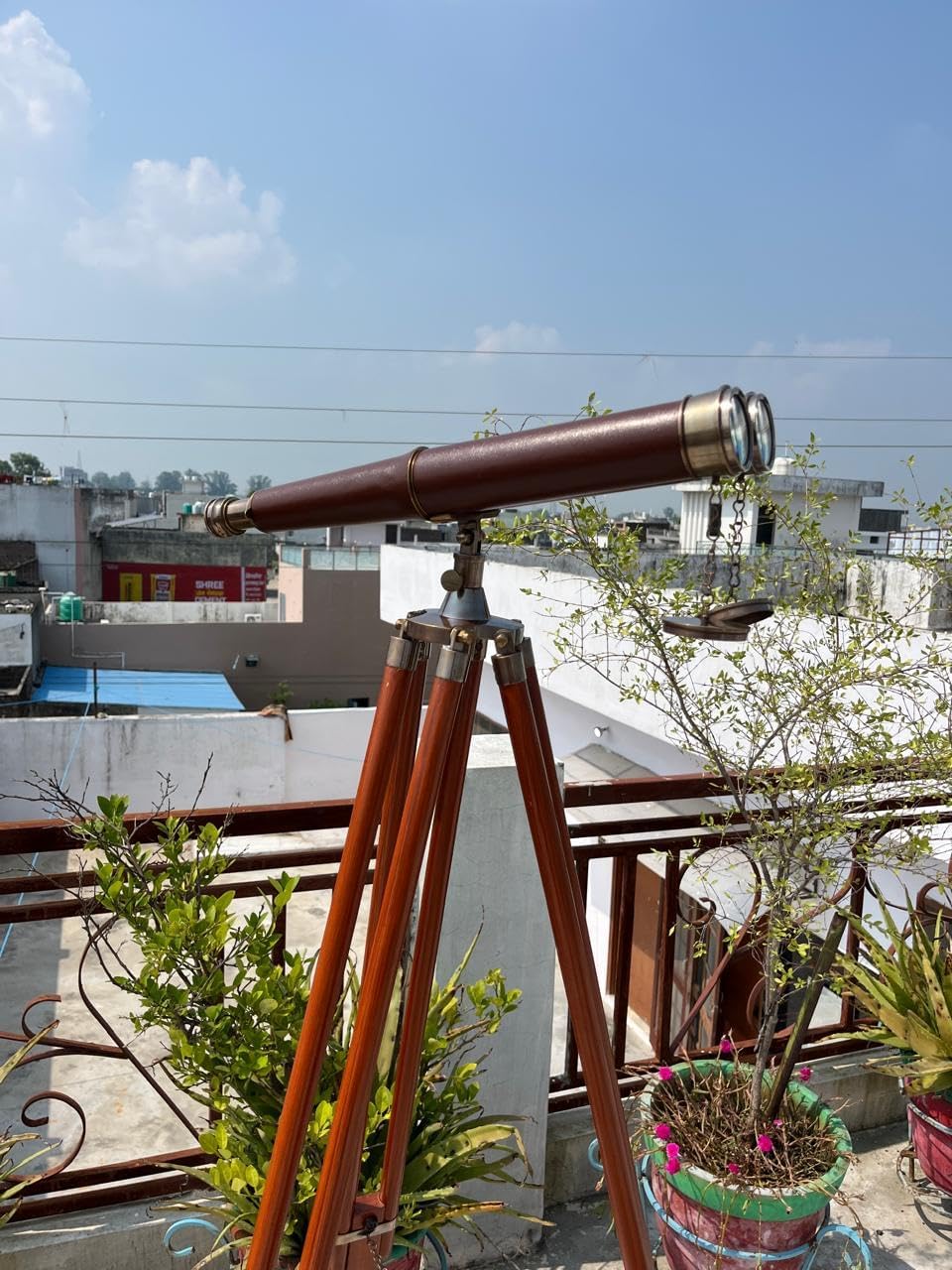 Brass Marine Navy Nautical Double Barrel Binocular with Adjustable Stand Decorative for Home,Office & 18" Telescope & Floor Tripod - Antique & Black Leather (Brown Antique & Brown Lether)