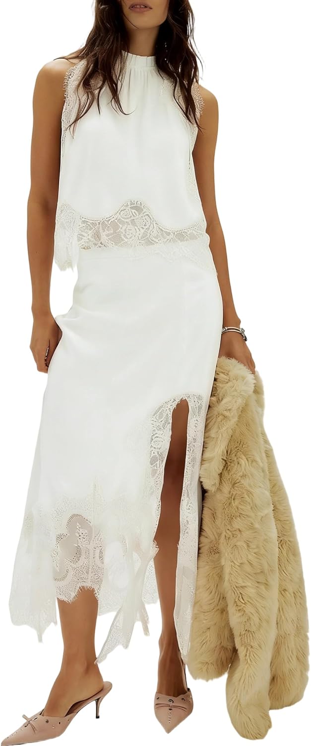 Women Satin 2 Piece Maxi Skirt Set Lace Trim Backless Tank Top Silk Slip Long Skirt Asymmetrical Outfits