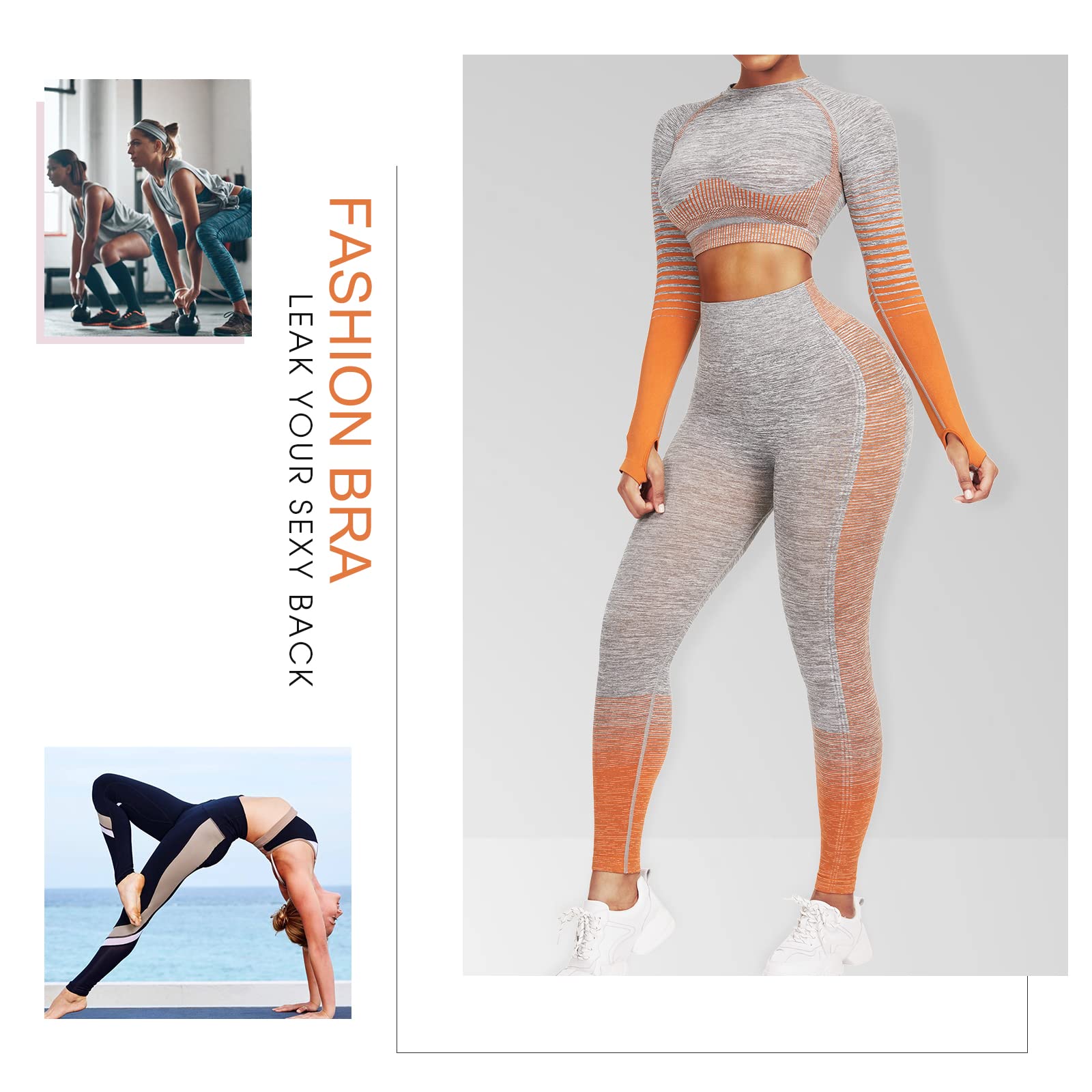 JOYMODE Zestawy treningowe dla kobiet, 2-częściowe bezszwowe legginsy z wysokim stanem i crop top, strój do jogi, pomarańczowy, rozmiar M, pomarańczowy, M