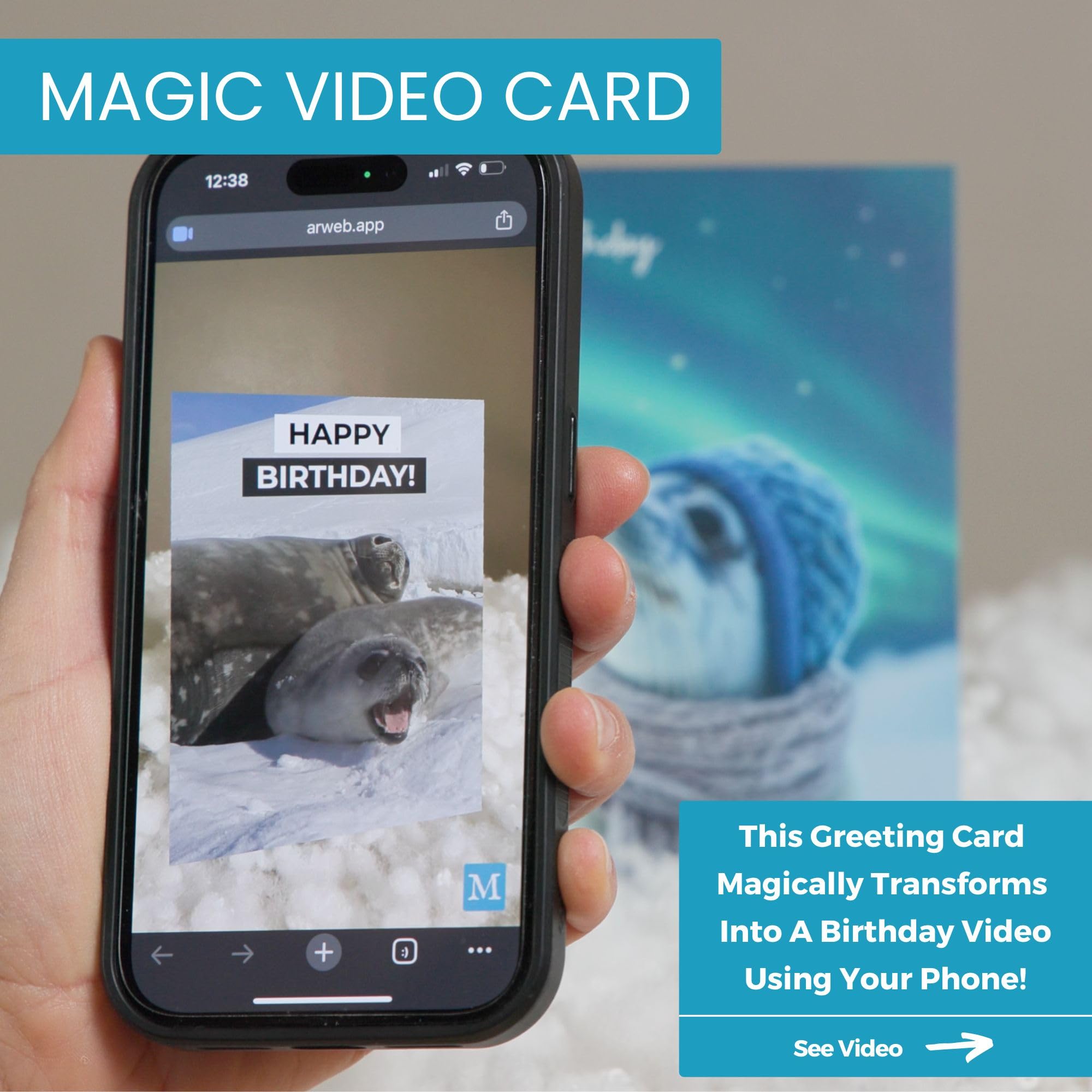 Magic Greetings - Tarjeta de cumpleaños Arctic Seal - Tarjeta de video interactiva - Tarjeta de cumpleaños para niños, amantes de los animales, amigos, novia, novio, esposa - Fácil activación QR sin