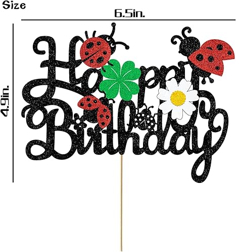 Miniatura 4 de Decoración para tartas de mariquitas, decoración de feliz cumpleaños para niños y niñas, mariquita con purpurina, trébol de margaritas, suministros