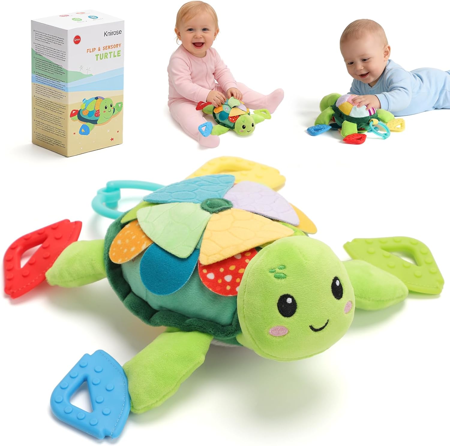Turtle Baby Sensory Toy, 6 in 1 Montessori Tummy Time Toys Baby Texture Toys, Flip Scales & Multi-Textured Belly & Rattle Squeaker Teethers, Early Educational Toys for 0-3 Years Newborn to Toddler