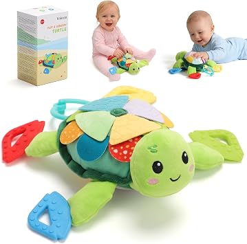 Baby Sensory Toy, 6 in 1 Tummy Time Infant Texture Toys with Rattle Squeaker Teethers, Stuffed Animal Plush Turtle Montessori Shower Gifts Birthday Gifts for Baby 0-6 6-12 Months