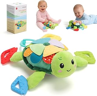 Turtle Baby Sensory Toy, 6 in 1 Montessori Tummy Time Texture Toys, Flip Scales & Multi-Textured Belly & Rattle Squeaker Teethers, Early Educational Shower Gifts for Boy Girl Easter Basket Stuffers