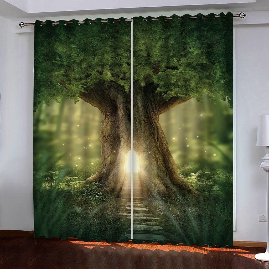 Rideau salon occultant grand arbre vert isolant thermique 2 pièces 140x280 cm