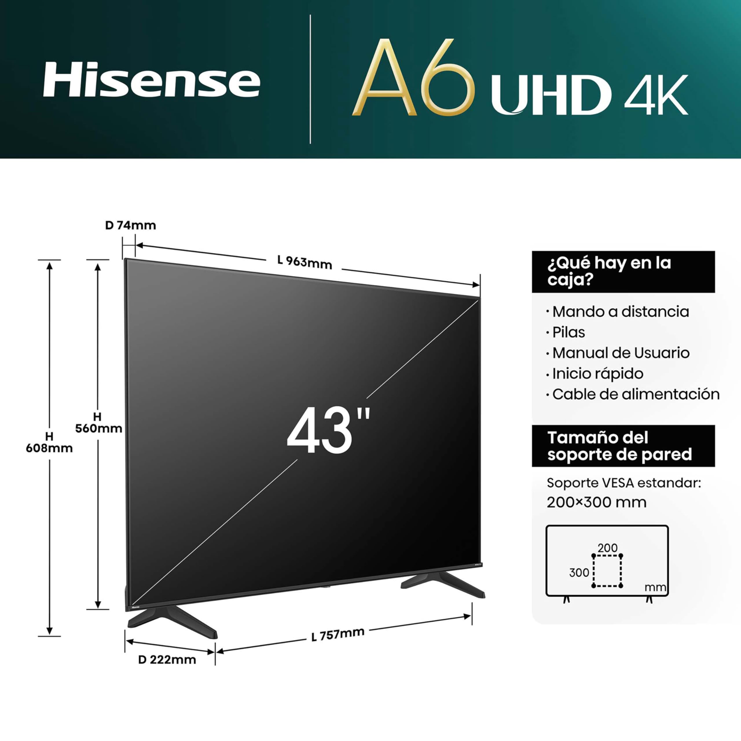Hisense 43A6N - UHD 4K,VIDAA Smart TV, 43 Pulgadas, Dolby Vision, Modo Juego Plus, DTS Virtual X, Control por Voz televisor, Doble Control de Volumen, Auto ordenación Canales TDT (Nuevo 2024)