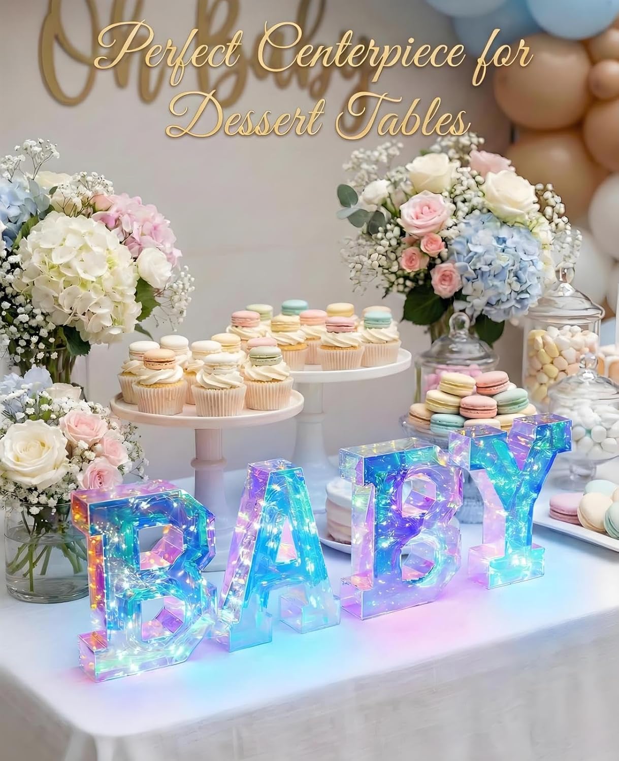AceList Iridescent Baby Marquee Letters for Baby Shower - 7.87 Inch Light Up Sign for Table Centerpiece & Backdrop, Holographic 70 LED Decor for Gender Reveal, Nursery Room, Birthday Party Supplies