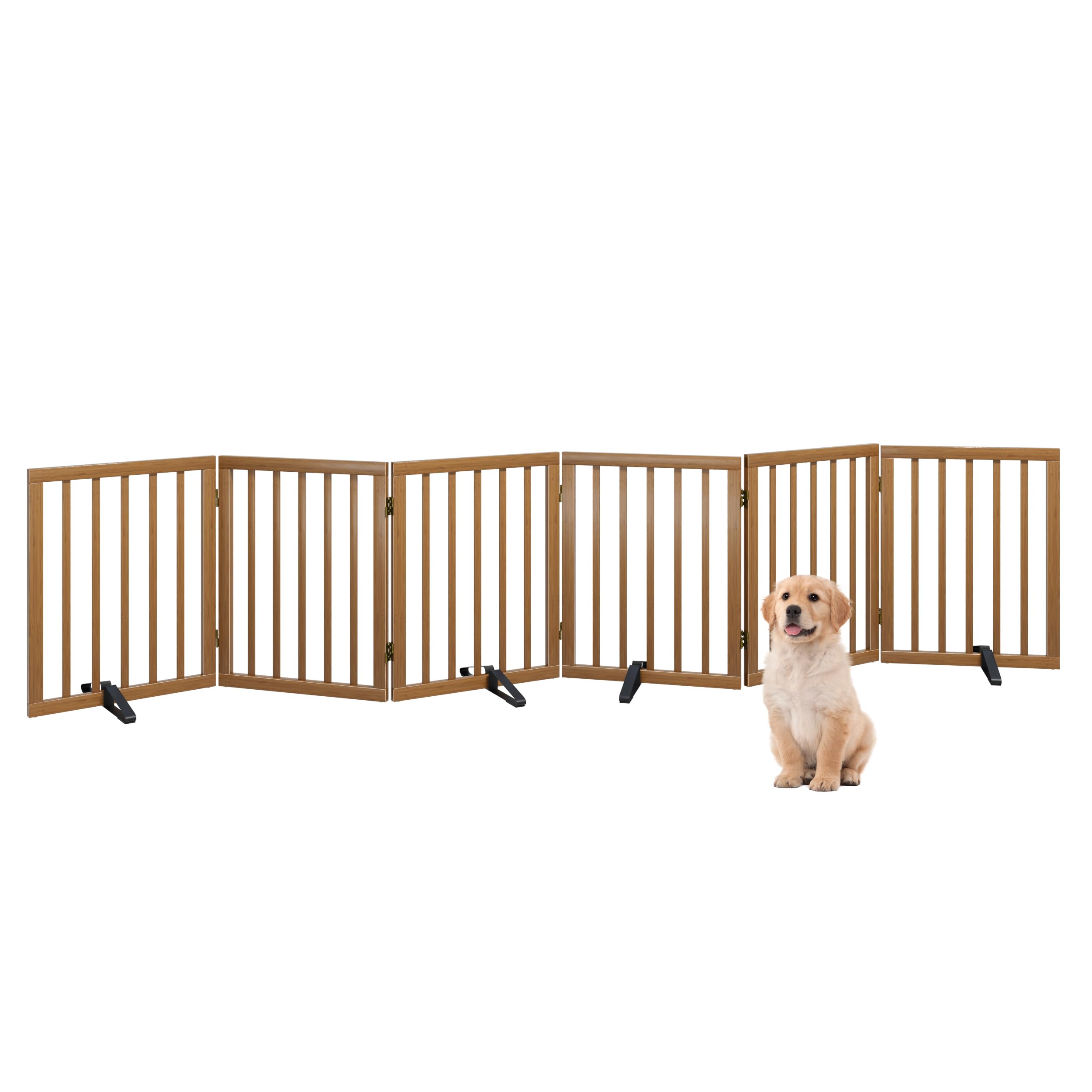Hundegitter für Türen, Faltbares Hundegitter Innen, Freistehende Haustiergitter für Türen Schlafzimmer, Welpengitter mit Metallstützfüßen, Raumteiler 6 Paneele (Walnuss)