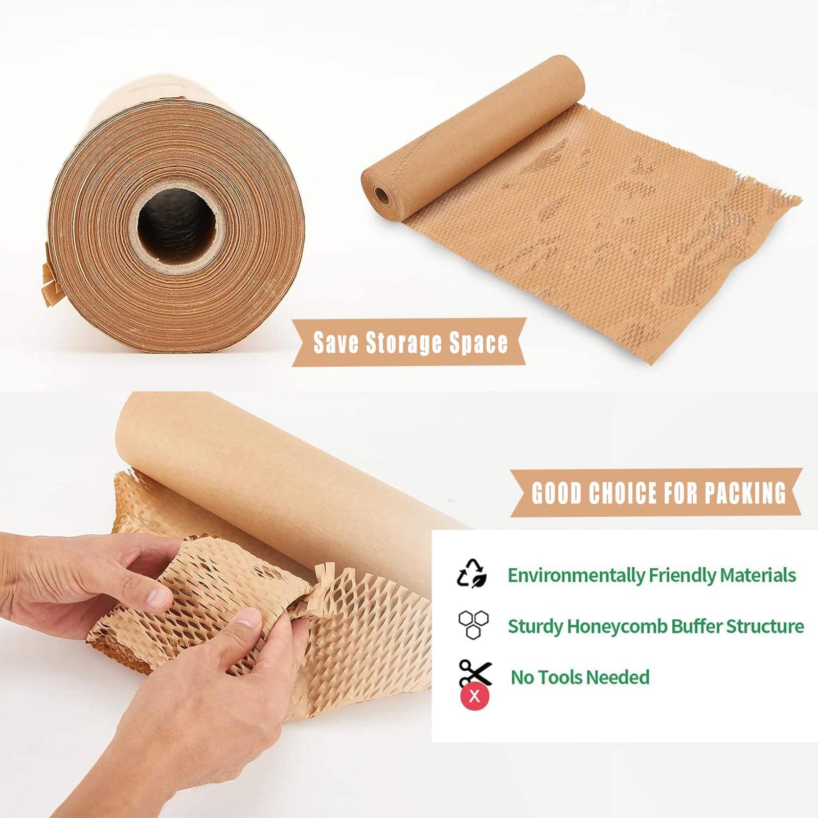 Rotolo di carta kraft da imballaggio a nido d'ape da 30,5 cm x 60 m, senza plastica, con etichette di avvertimento fragili, sostituto riciclabile dell'involucro a bolle per traslochi domestici e