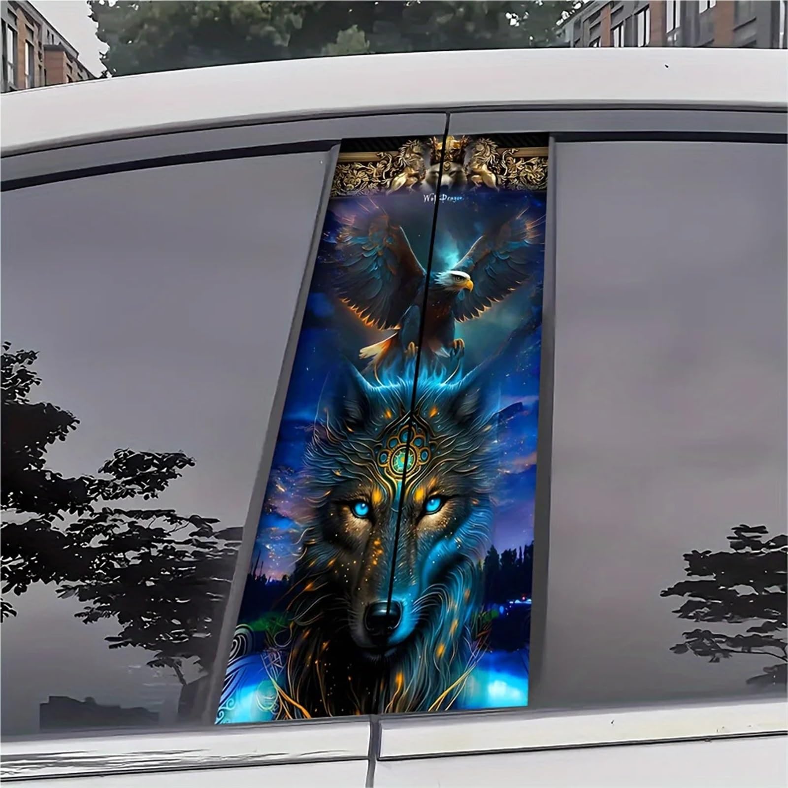 2-Piece Anime Style Wolf & Eagle Fantasy Vinyl Car Decal Set Self-Adhesive B-Pillar Sticker Cartoon Jungle Theme Semi-Matte