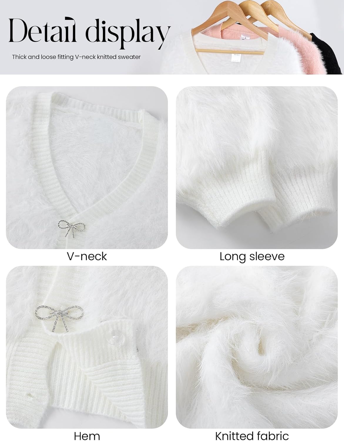 Yimoon Women's Fuzzy Cardigan Sweater Cropped Cardigans Bowknot Brooch Button Knit Sweaters V Neck Long Sleeve Soft Knitwear - Image 7