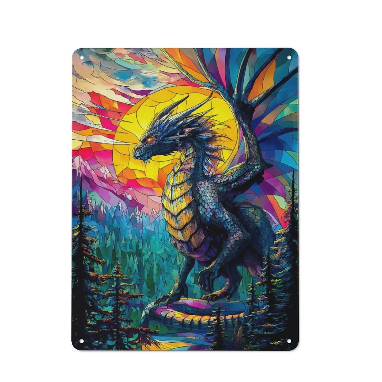 Vintage Colorful Dragon Sunset Mosaic Art Bistro Metal Sign 40x30cm, Bistro Wall Plaque for Takeaway, Bar, Kitchen Or Counter Area