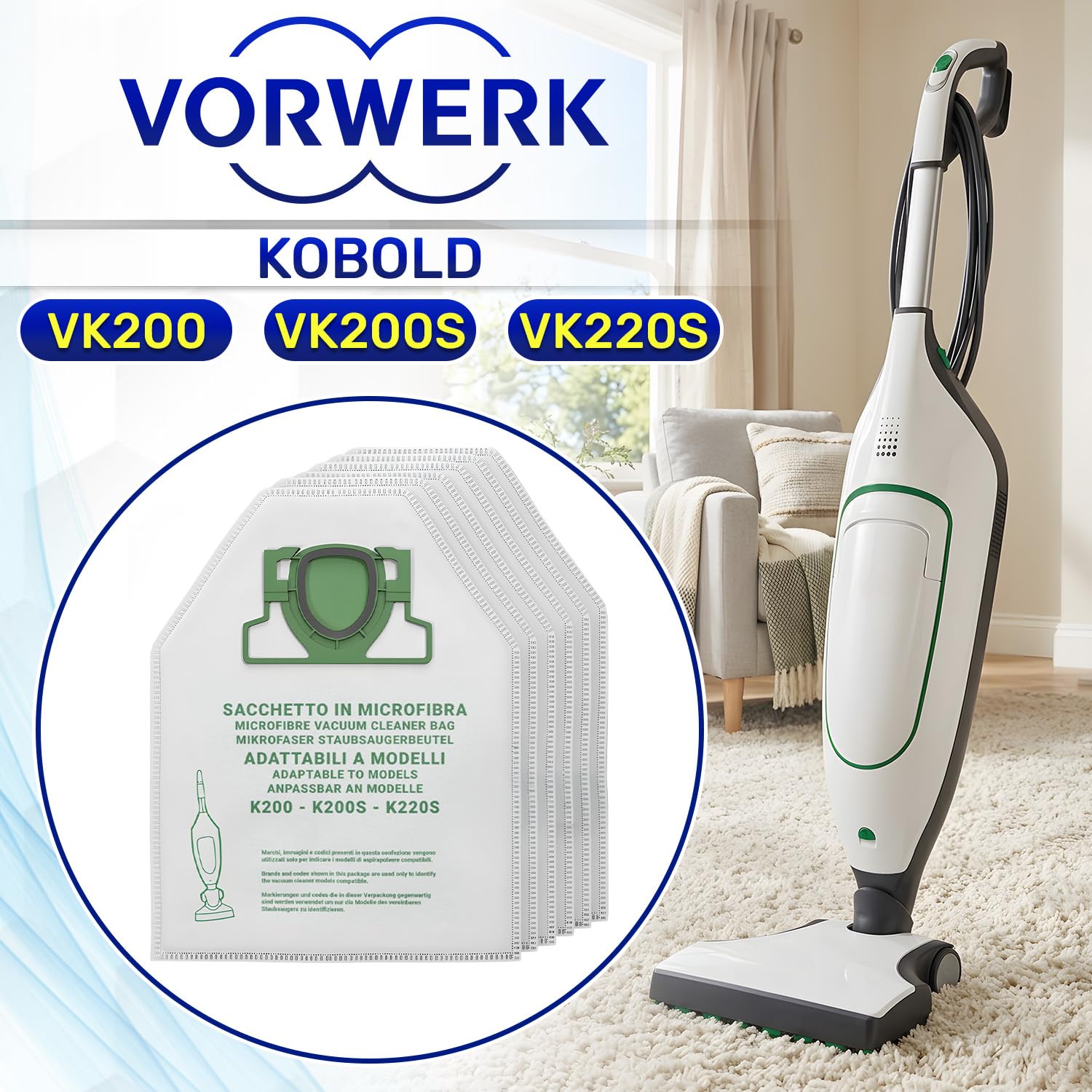 FERRGIA Kit Complet 8 Sacs Aspirateur Microfibre + 2 Filtres HEPA Pour Vorwerk Kobold VK200 FP200 - Filtration 5 Couches Anti-Allergènes