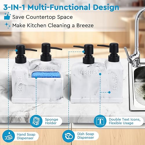 Miniatura 9 de Juego de dispensador de jabón para manos y platos para cocina, dispensador de jabón doble con soporte para esponja, organizador 3 en 1, dispensador