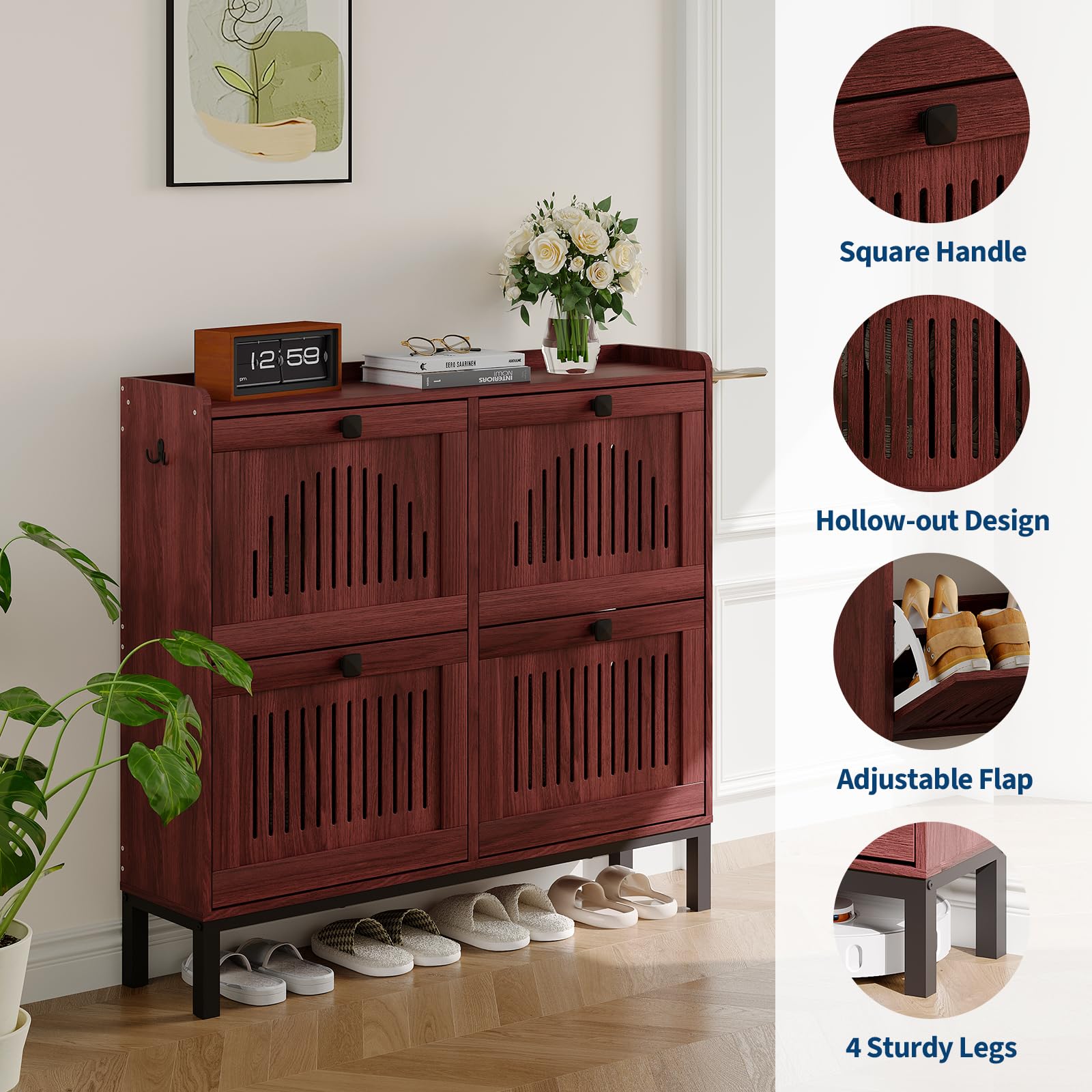 Schmaler Schuhschrank mit 4 Klappfächern - verstellbare Einlegeböden - Kippschutz - belüftete Front - großer Stauraum, freistehend für Flur/Diele - Farbe: Walnut