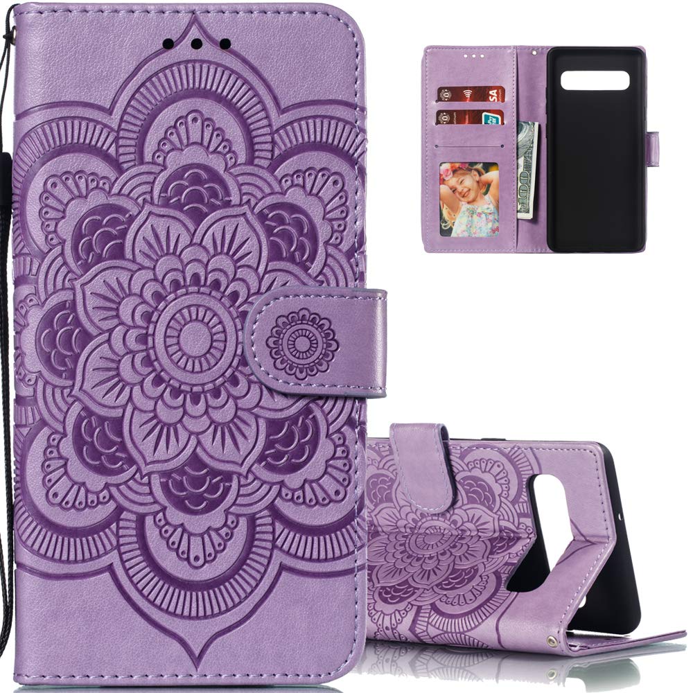 LEECOCO for Galaxy S10e Case Mandala Embossing Luxury PU Leather Flip Notebook Wallet Bookstyle Magnetic Stand Card Slot Folio Bumper Protection Cover for Samsung Galaxy S10e Mandala Light Purple LD