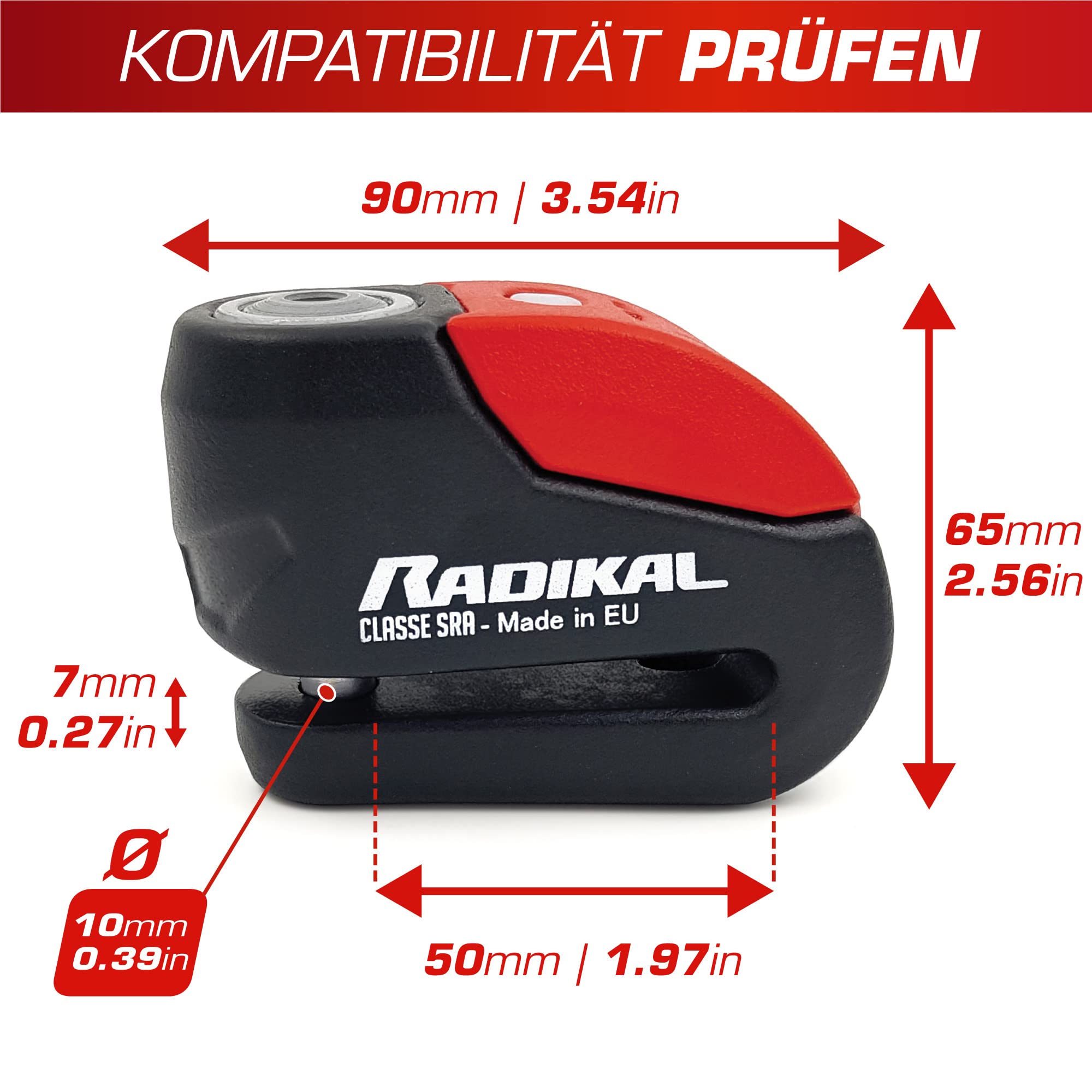 RADIKAL RK10 Bremsscheibenschloss Premium mit Alarm | Aktivierung nach Wahl, 120 dB, LED Warnung Voralarm | Motorrad Schloss SRA-zertifiziert, aus zementiertem Stahl, Doppelverriegelung Ø10, Rot
