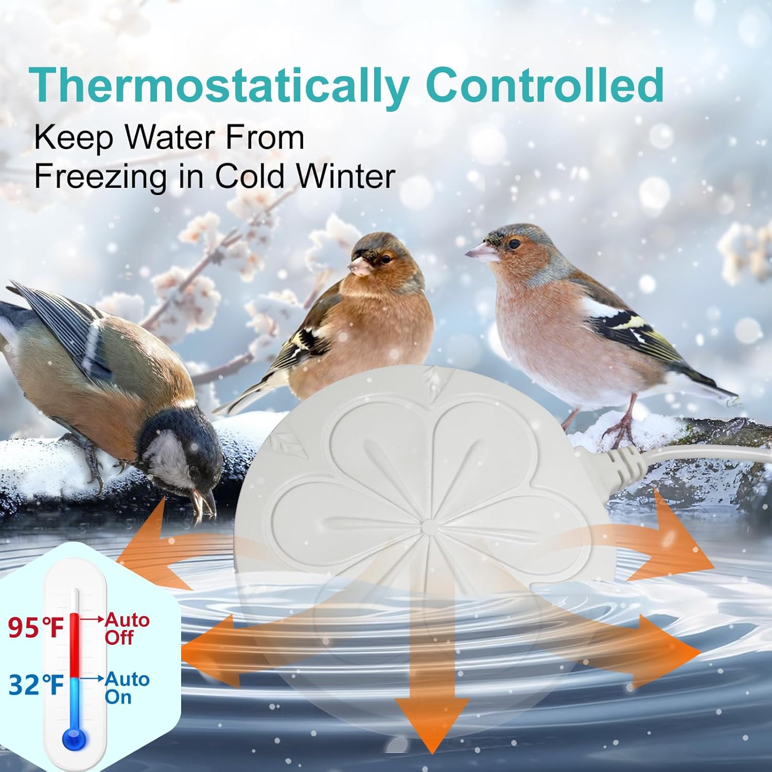 110W Bird Bath Heater for Outdoors in Winter, Submergible Cast Aluminum Chicken Water Heater with Thermostatically Controlled Bird Bath Deicer Pond Deicer for Livestock