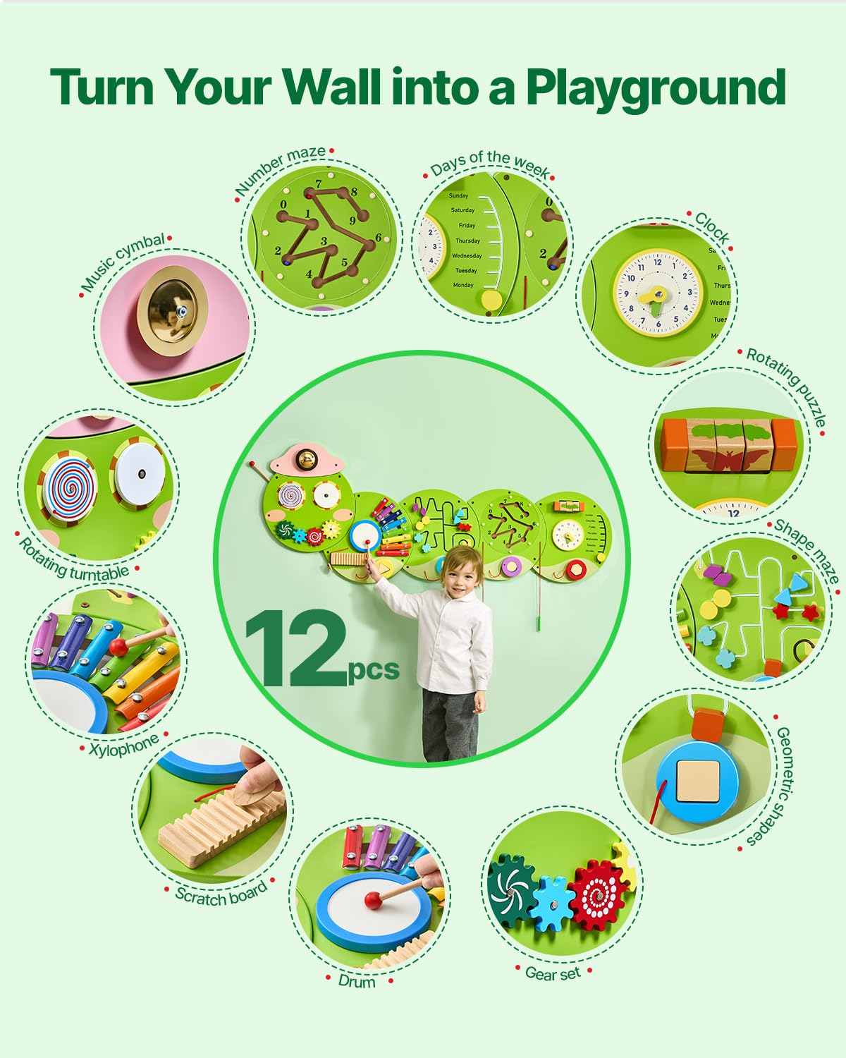 VEVOR Panneaux Muraux d'Activités Chenille, 12 Jeux, Jouet Mural Sensoriel Montessori pour Enfants 3-12 Ans, Centre d'Activités d'apprentissage, Salle de Jeux des Tout-Petits, Crèche, Salle de Classe