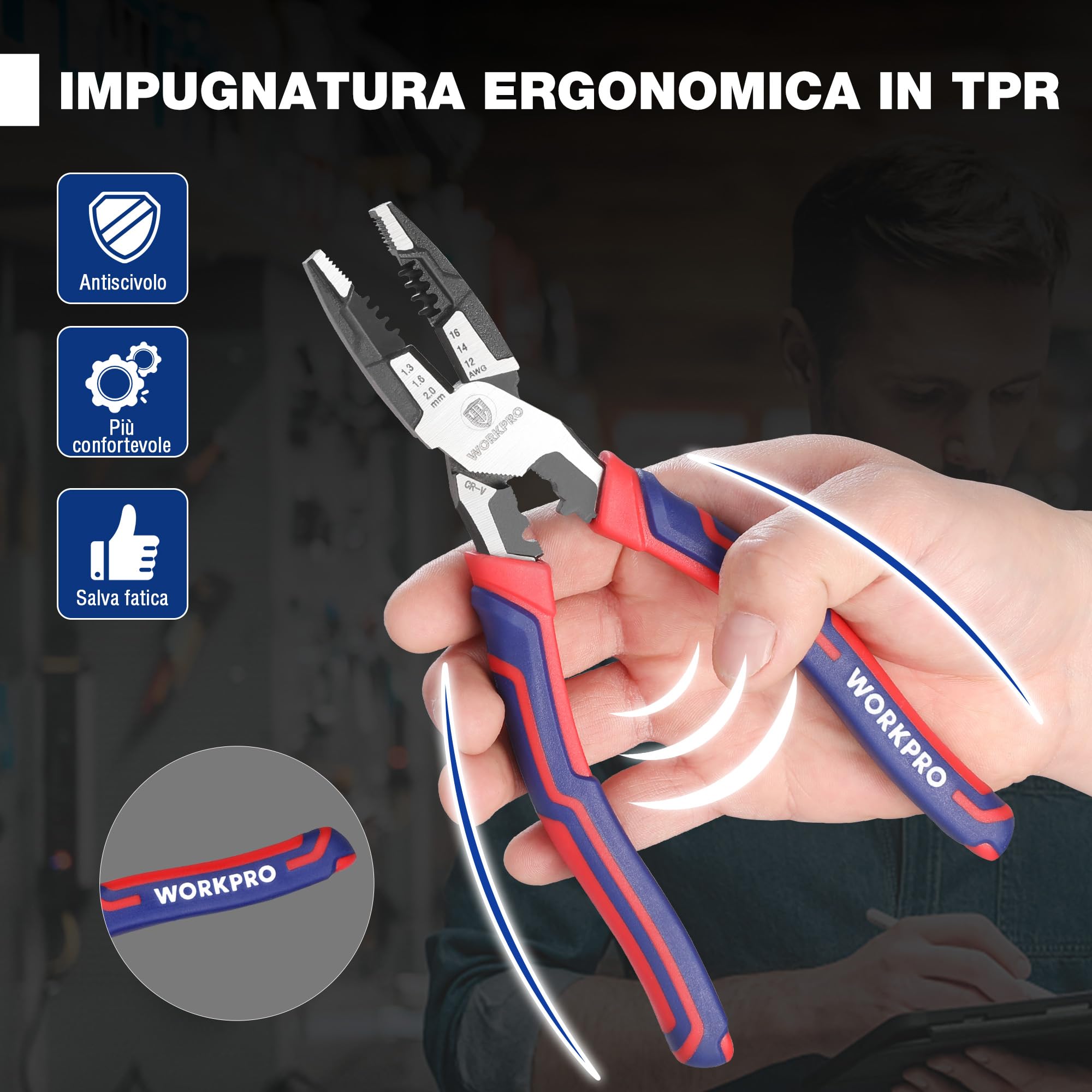 WORKPRO Pinza Combinata 5 in 1 209mm 16-12 AWG (1,3-2,0mm) Cr-V per Elettricisti