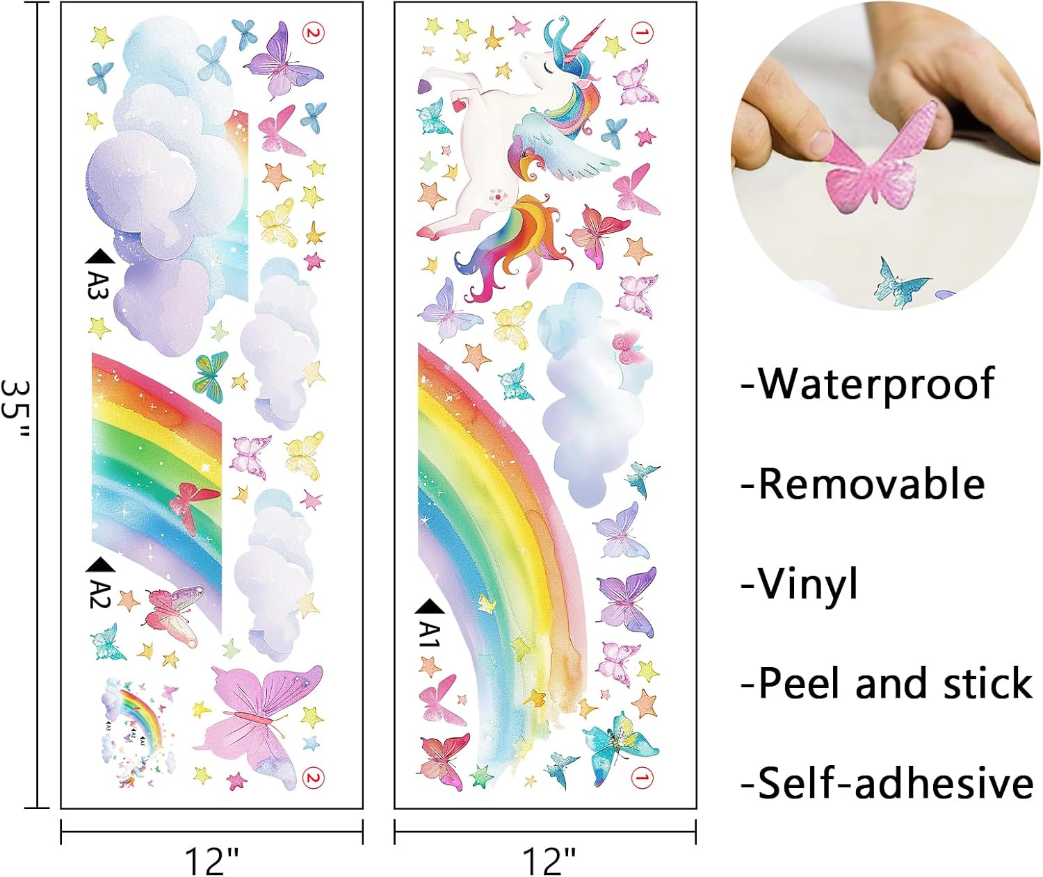 Mfault Watercolor Rainbow Unicorn Wall Decals Stickers, Clouds Butterfly Nursery Decorations Baby Bedroom Art, Stars Toddlers Kids Girls Boys Room Playroom Decor - Image 2