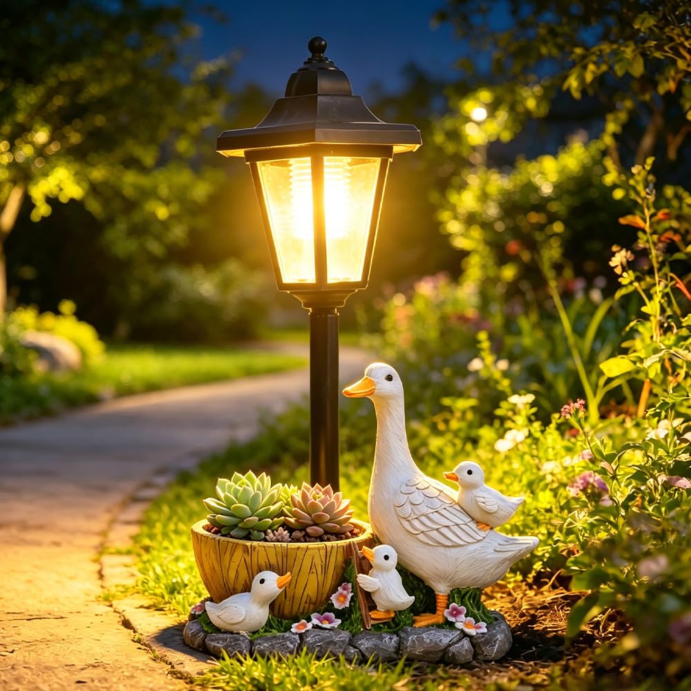 XEERUN Garden Duck Statues with Solar Lantern, Flowerpot Outdoor Decoration, Duck Figurines Yard Art Sculptures, Animal Statue Garden Ornaments Outdoor for Lawn, Patio, Porch, Unique