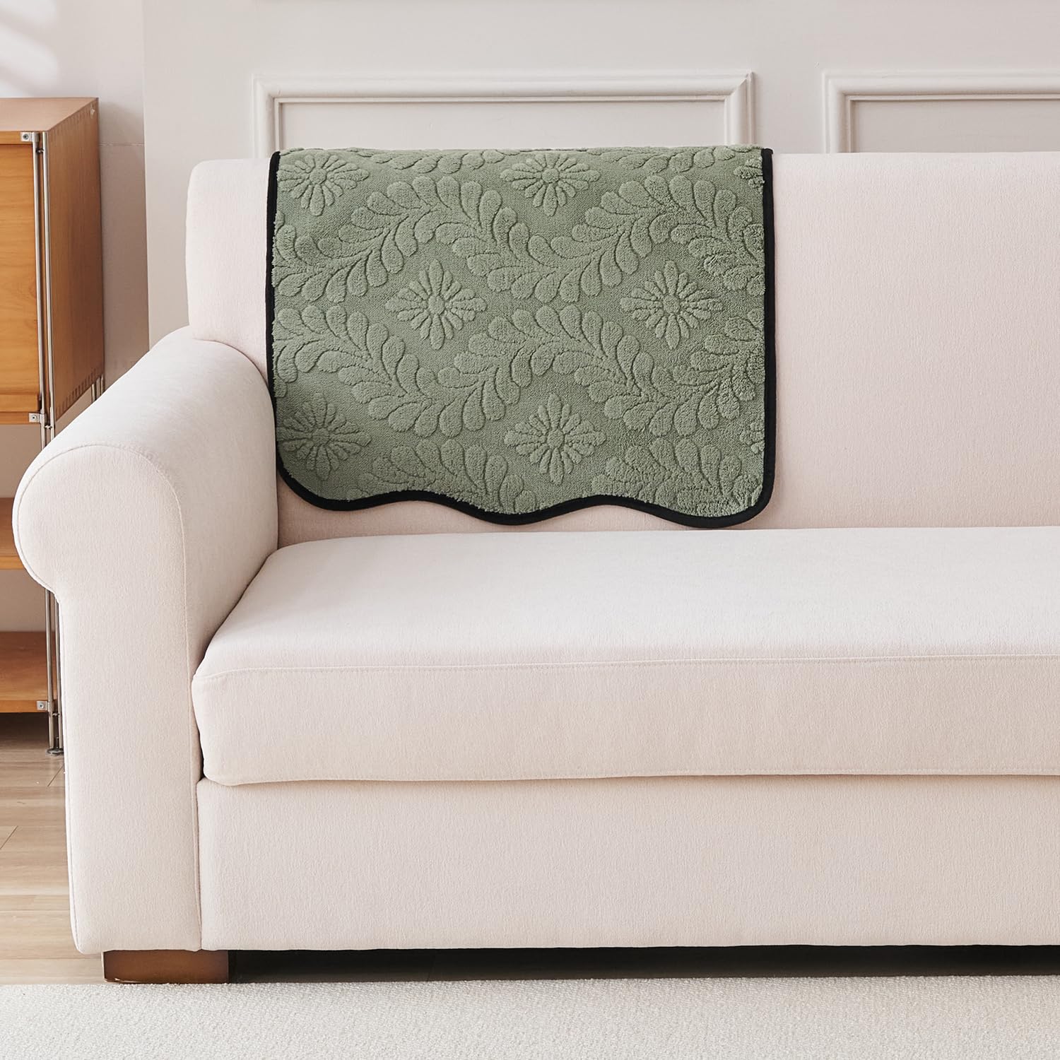 HOKIPO Embossed Floral Jacquard Anti-Slip Sofa Backrest Cover 'Wavy Petal Crest Series' Sage Green (AR-6599-GRN)