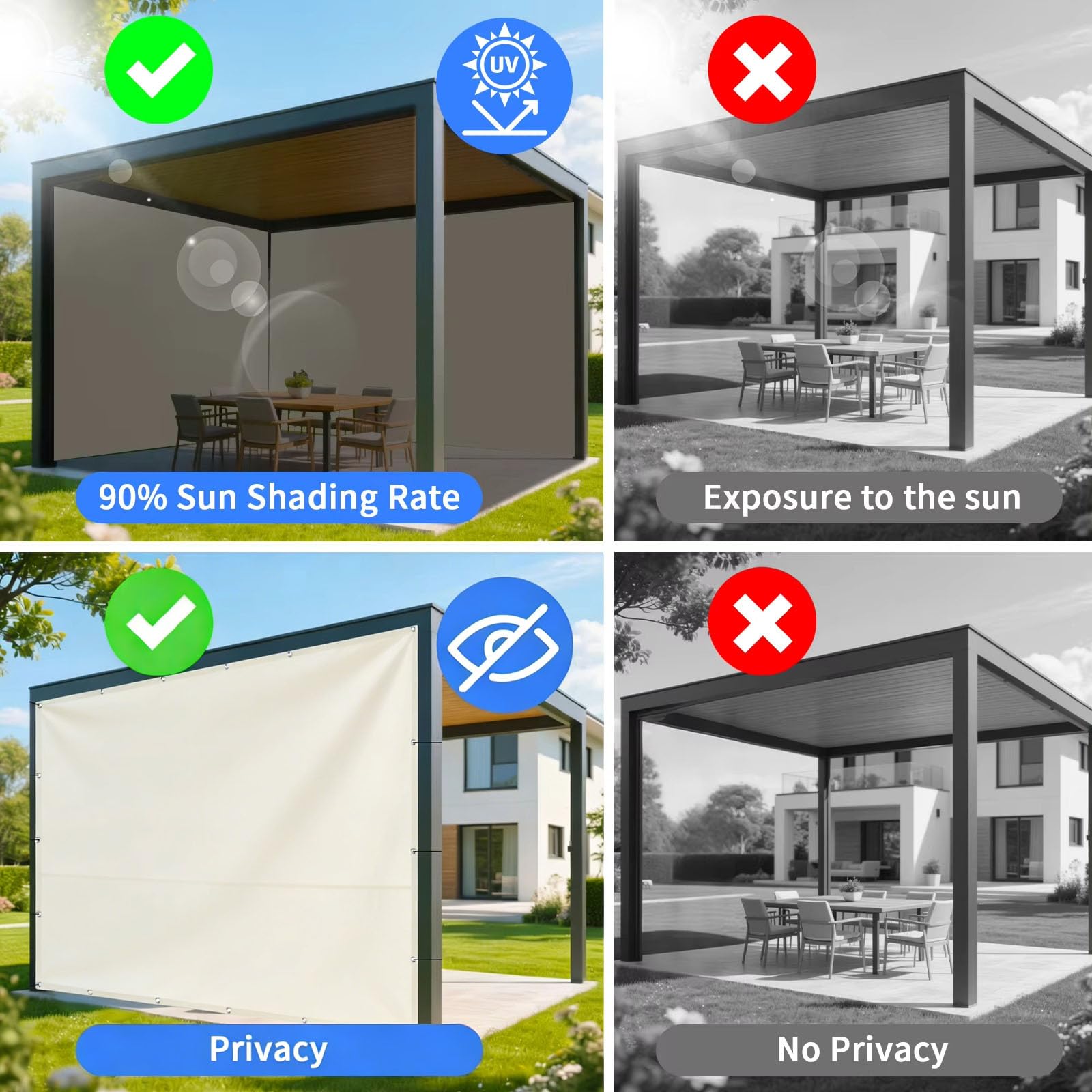 Sonnensegel 3.5x4M Wasserdicht Rechteckig mit Ösen, Sonnensegel Rechteck, Sonnenschutz Windschutz, inkl Befestigungsseile, Markisenstoff 95% UV-Schutz für Garten Balkon Terrasse - Gebrochenes Weiß