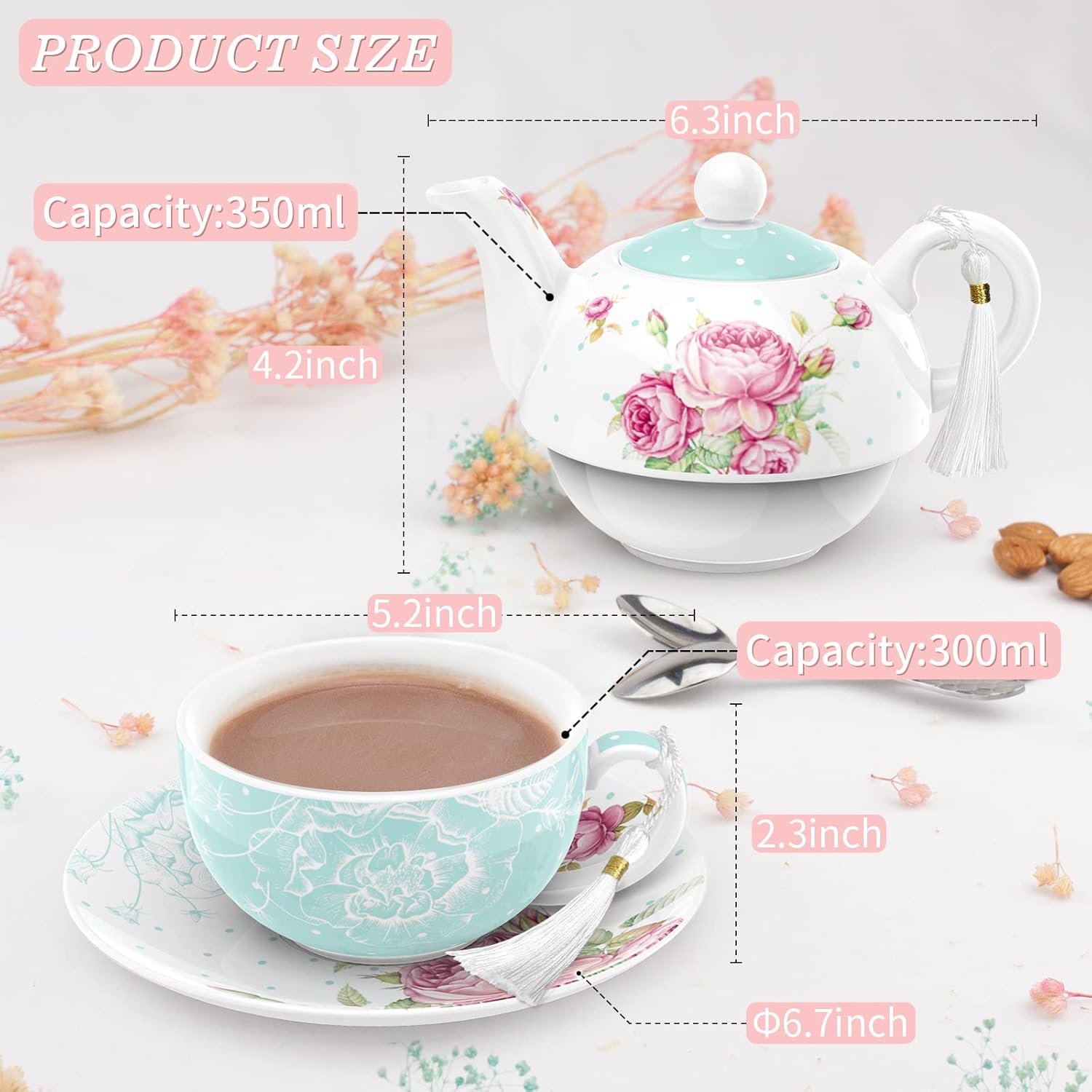 London Boutique Tea for One Teapot Teacup Saucer Set Afternoon Tea Set for 1 New Bone China Vintage Flora Gift for Women 350m (Turquoise)
