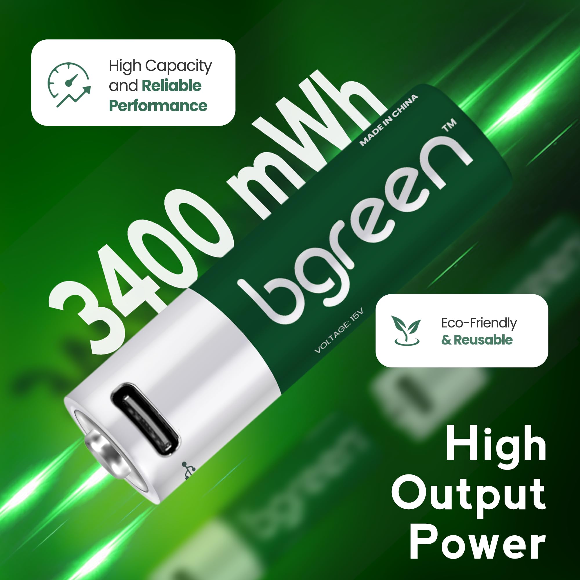 bgreen USB-C Rechargeable AA Batteries, 4 Pack, 3400 mWh, High Output, 4-in-1 Charging Cable Included, 1 Hour Fast Charge