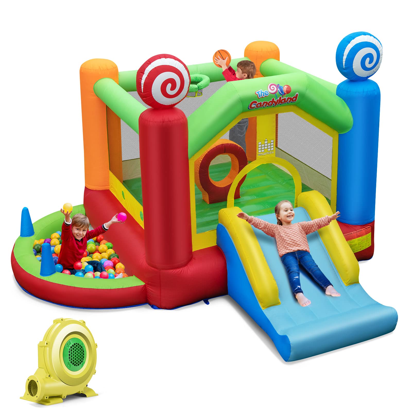 COSTWAY 6 en 1 Castillo Hinchable con Soplador, Castillo Inflable para Niños 3 a 10 años con Tobogán, Canasta de Baloncesto y 50 Pelotas, 355 x 385 x 245 cm, Insuflavel Crianças Interior Exterior