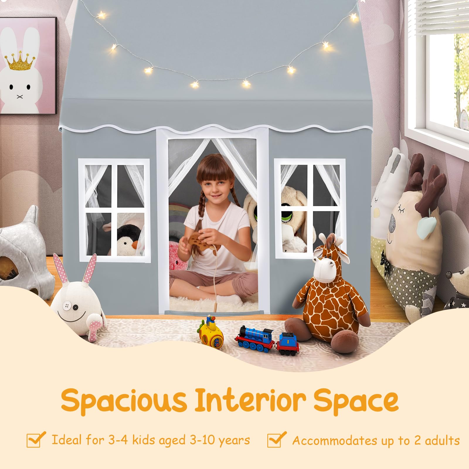 HOMASIS Kinderzelt Baumwolle, Kinder Spielhaus mit Sternenlichtern, Tragetasche & Vorhang, Spielzelt Prinzessin für Jungen & Mädchen, Indoor Kinderspielzelt Kinderspielhaus (Grey, ohne Matte)