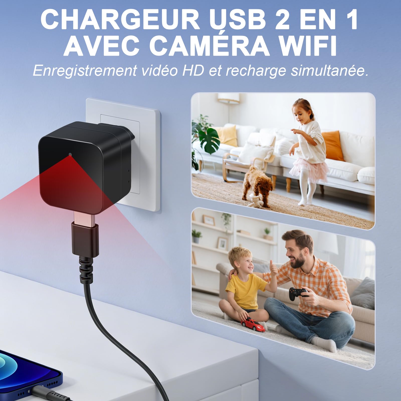 Caméra Espion WiFi 5G Cachée dans Chargeur USB Mini 1080P Détection Mouvement Enregistrement Boucle Visionnage à Distance Normes Européennes