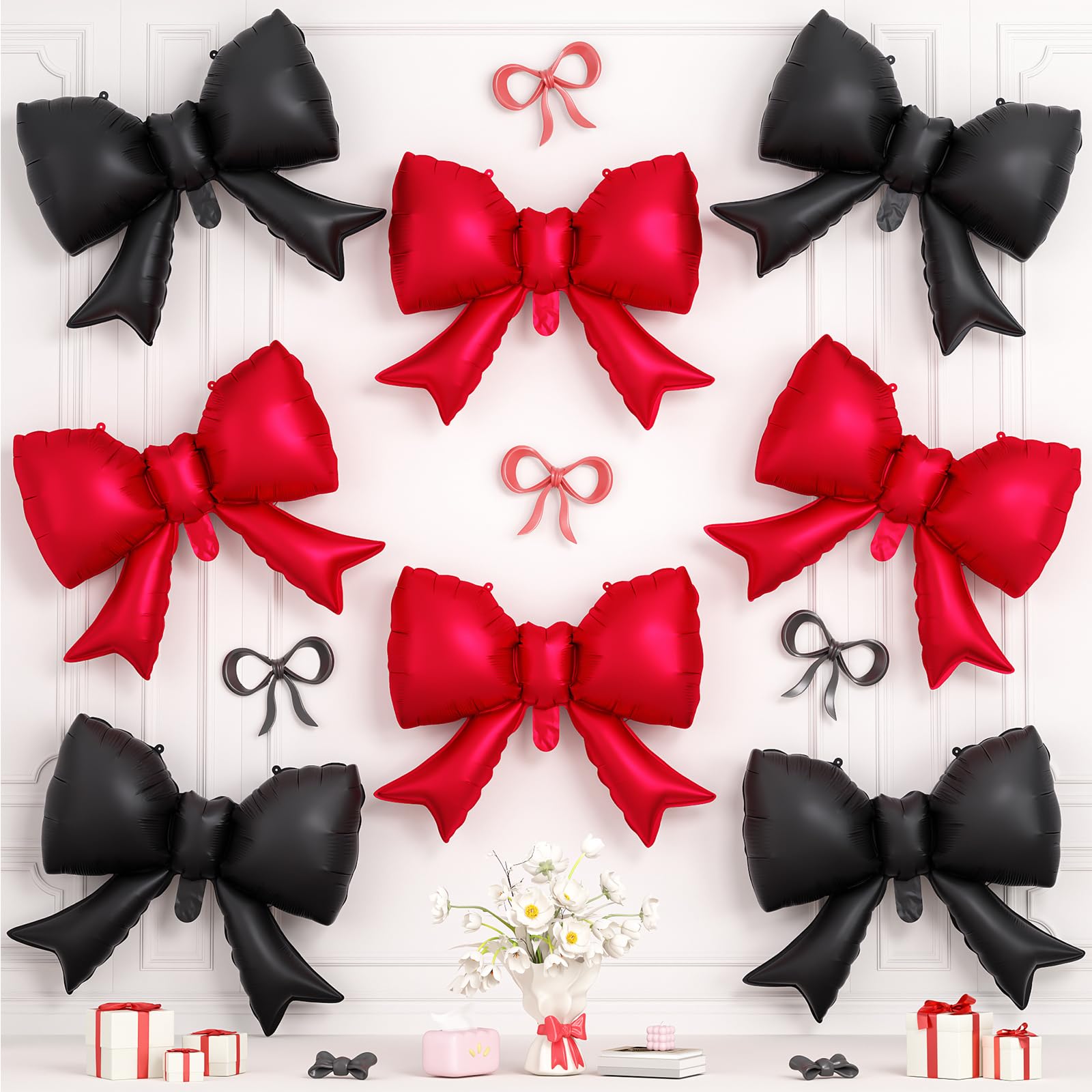 Black Red Bow Foil Balloons,8Pcs 21Inch Bow Shaped Balloons