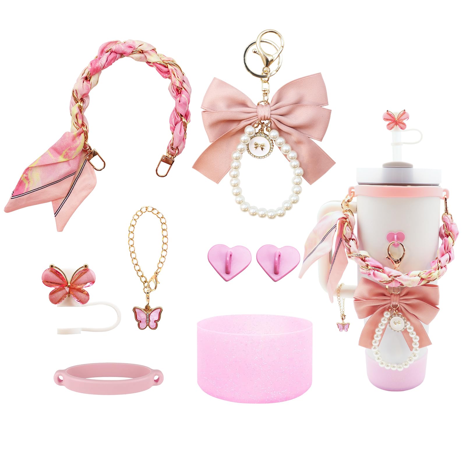 Stanley Cup Accessories set for 40oz & 30oz Tumbler including Water Bottle Handle StrapăBow KeychainăCup RingăBling Silicone Bootsăbutterfly Straw TopperăCharm Accessories for Stanley (Pink)