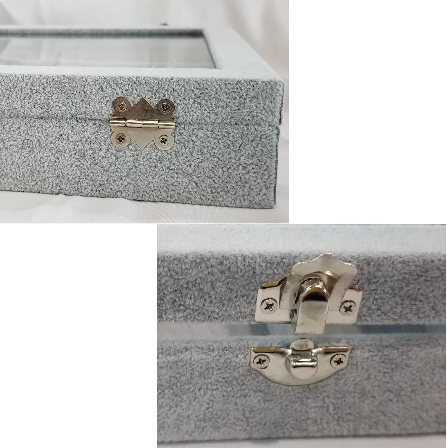 Ice Velvet Jewelry Box Display Case with a Clear Glass Window,10 Hooks Necklace Organizer Box and 12 Grids for Earrings Rings Storage Grey