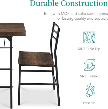 Best Choice Products 3-Piece Modern Dining Set, Space Saving Dinette for Kitchen, Dining Room, Small Space w/Steel Frame, Built-in Storage Rack - Dark Brown/Black
