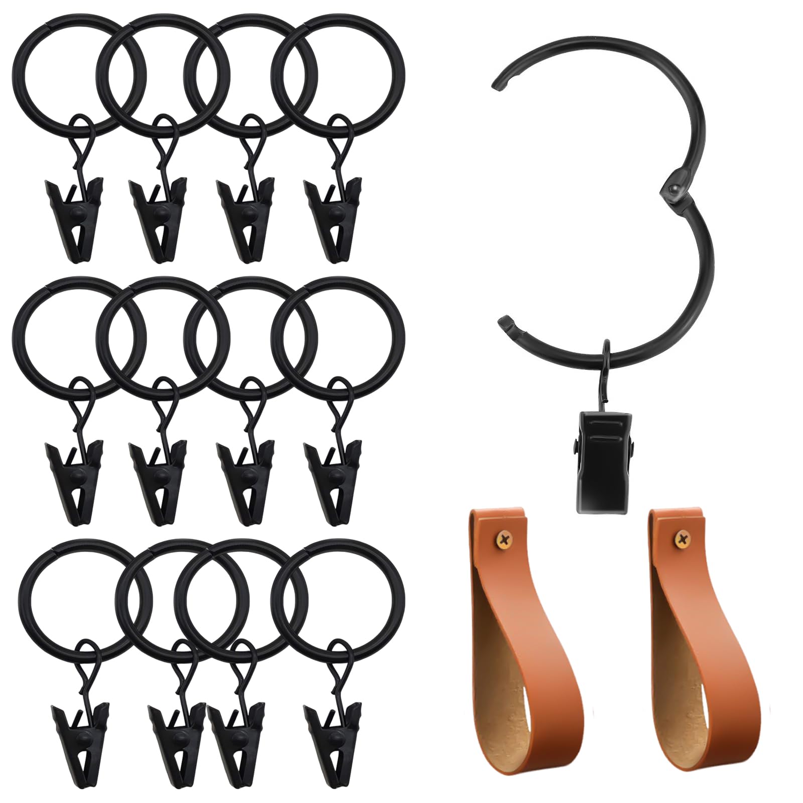 12 Vorhangringe Mit Clips + 2 PU-Leder Wandhaken, Schwarz – Für Gardinenstangen Bis 3,2 Cm Durchmesser, Für Vorhänge, Bilder, Hüte – Metall, Rostfrei